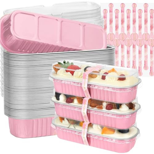 Junfete Mini Loaf Tins with Lids and Spoons 200ml Mini Loaf Cake Cases Cupcake Cases for Baking Aluminum Foil Baking Pans (50, Pink)