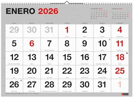 Miquelrius - Calendario 2026 de pared Basic, Organizador anual 590 x 420 mm, Con espacio para anotar, Números grandes, Encuadernación espiral doble, Planificador 12 meses XL, Español