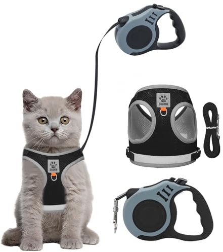 Bindokun Kattsele och blyset, flyktsäker kattsele med kattkoppel, 5 m (16,4 fot) automatiskt infällbart kattkoppel för trädgård, reflekterande justerbar mjuk väst för små kattpromenader