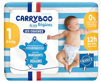 CARRYBOO - Couches Taille 1 (2-5kg) - Saines et Ultra Absorbantes - 12h Anti Fuites - Sans substances indésirables - Fabriquées en France - Pack naissance de 24 couches