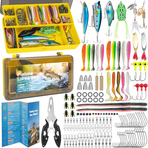 148 PCS Fishing Lures Mixed,Tackle Box Included Crankbaits, Spoon, Hooks, Jigs, Weights and More Other Accessories, Fishing Bait Lure Gear Kit Gifts for Men Bass Freshwater (multicolor) (148)