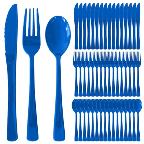 Wiederverwendbares Besteck Set Blau, 90 Stück Mehrweg Party Besteck, umweltfreundlich Kompostierbare Tabellengeschirr für Familienfeiern, Reisen, Outdoor Dinner(Messer/Gabel/Löffel je 30 Stück)