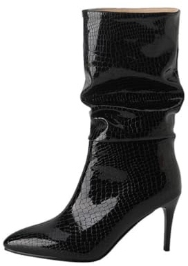 Stivali A metà Polpaccio da Donna Effetto Slouchy Motivo Coccodrillo Lucido Punta A Punta Tacco A Spillo Alto Slip on Tomaia Vernice Scarpe Eleganti,Nero,44 EU