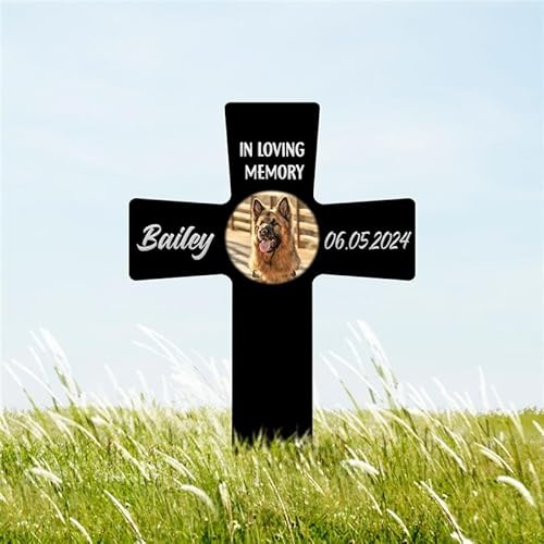AVAGifts Personalized Pet Photo Memorial Cross Metal – Forever in Our Hearts Grave Marker, Custom Name & Date Outdoor Memorial Stake, Loss of Cat Sympathy Gift, Custom Dog Grave Marker for Cemetery