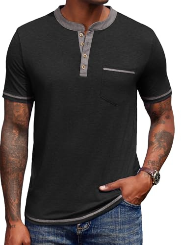 COOFANDY Camisa Henley de Manga Corta para Hombre Casual T-Shirts Camiseta Informal de Verano con Bolsillo Negro XXL