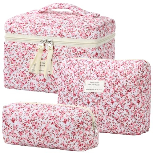 BuyCard Lot de 3 Trousses de Toilette pour Femme avec Motif Floral - Trousse de Toilette matelassée - Portable - pour Les Voyages et la Vie Quotidienne (3, Pink Floral)