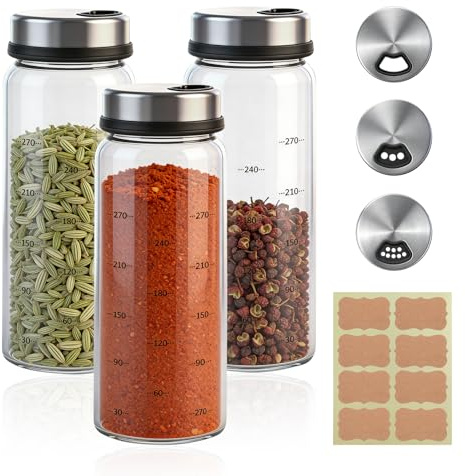 AKINER 3 stycken kryddburkar, 300 ml, kryddströare med roterande lock, saltströare, stor, lufttätt, kryddströare, glas, stor kryddburk, med 3 typer av kryddhål för kök, grillning, matlagning