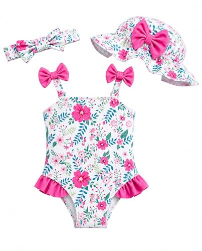 DivingBirds Traje de baño para niña de 3 piezas con sombrero para el sol y diadema, traje de baño de una pieza para bebé, niña, traje de baño de protección UV para 3 meses - 3 años, Flor rosa., 6-9