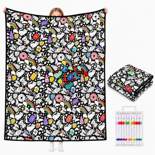 VEELU Coperta da Colorare con Pennarelli per Tessuti 150x115 cm, Coperta Colorabile con 24 Pennarelli Inclusi per Adulti e Bambini, Regalo Originale per Famiglia e Amici