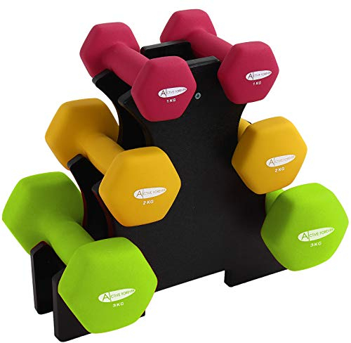 ACTIVE FOREVER 3 Paar Hex-Hanteln mit Halterung, rutschfeste Hanteln aus Neopren, wasserdicht (1 kg+2 kg+3 kg/Paar)
