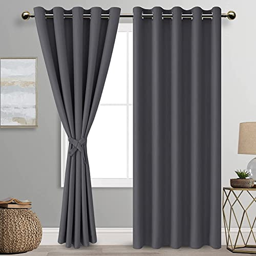DWCN Dark Grey Blackout Curtains with Tiebacks for Bedroom Thermal Insulated Solid Eyelet Curtains for Living Room,2 Panels,66 Wide x 90 Drop