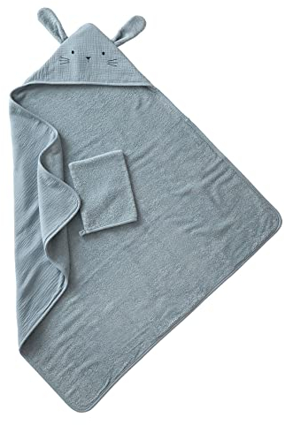 Vertbaudet Bio-Kollektion: Kapuzenbadetuch & Waschhandschuh, blau 100X100