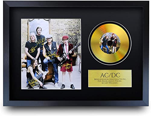 HWC Trading A3 FR ACDC Rock Music Malcolm Angus Young Brian Johnson, signiertes Foto mit goldenem Album für Fans von Musik-Erinnerungsstücken, Größe A3, mit Rahmen