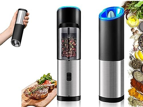 Macina Pepe Elettrico con LED Rotativo 20 Cm Universale Pepe Sale Spezie Regolabile a Batterie AAA Stilo RetroIlluminazione Luce LED Blu