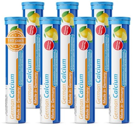 German Calcium 140 Drink Effervescent Tablets - Lemon Lime Flavour - 500 mg Calcium, Sugarfree, Vegan- T&D Pharma – Made in Germany