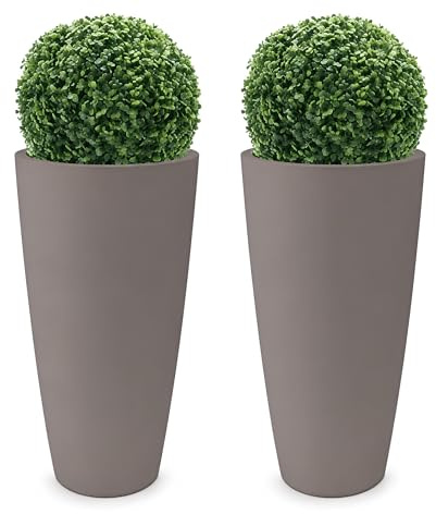 Nicoli Vaso Alto Style 38x85 cm con Bosso Artificiale 2 Pezzi Tortora, Vaso Decorativo da Interno ed Esterno in Plastica, Fioriera Moderna con Cachepot Estraibile