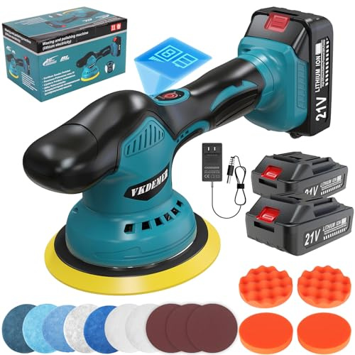 Vkdemer Cordless Car Buffer Polisher, 6 In Mini Buffer Polisher Kit with 2 Pack 21V Rechargeable Batteries,8 Variable Speed 5500RPM Orbital Polisher for Car Boat Detailing, Polishing,Scratch Removing