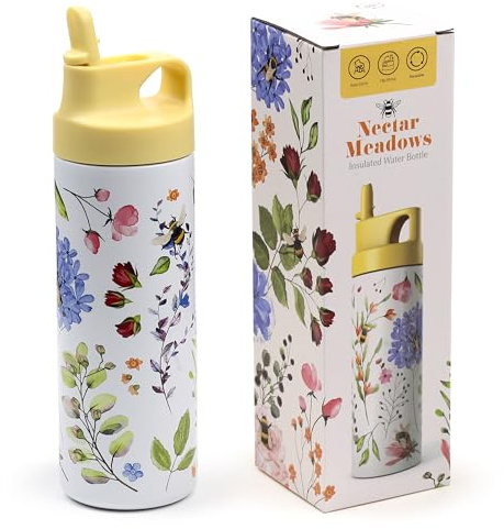 Puckator - Stainless Steel Thermal Bottle with Straw and Flip Top Opening - 500 ml - Bees - Nectar Meadows - 24 Hours Cold - 12 Hours Hot