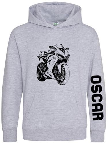 Purple Print House Personalised Motorbike Kids Hoodie Boys Fast Riding Super Bike Sport Hooded Top, 5-6 Years, Sport Grey