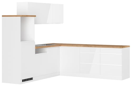 Lomadox Küche Küchenzeile Winkelküche 240/240cm in Hochglanz weiß, Arbeitsplatte Eiche