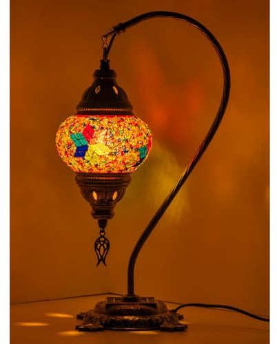 Kafthan Turkish Moroccan Mosaic Lamp – Handmade Glass Swan Neck Bedside Lamp with Antique Brass Base, Ideal Decor for Bedroom, Office, Living Room – Bulb Included (Multicolor Small Stars)