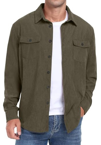 QIXING Men's Corduroy Button Down Shirts Long Sleeve Shacket Trucker Jacket Autumn Winter Coats with Flap Pockets (Army Green, XL)