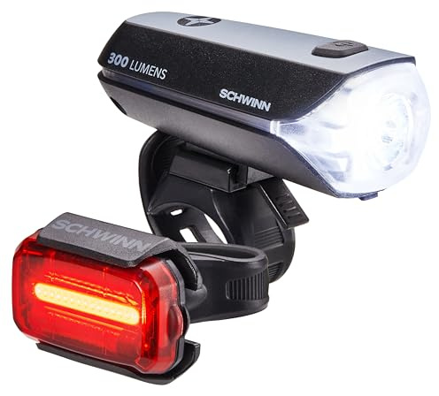 Schwinn 300 Lumen USB Rechargeable Bike Light Set, LED, Headlight and Taillight with Steady, Flash and Burst Modes, Wide-Angle Visibility, Tool-Free Install, USB-C Charging, for City and Road Riding