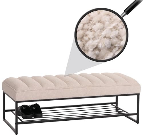 Sitzbank HWC-N68 mit Schuhablage, Bank Polsterbank Garderobenbank Schuhregal, Stoff Chenille Metall 130cm - Creme-weiß