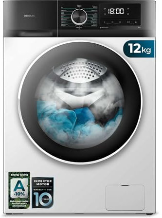 Cecotec Lave-linge 12Kg Chargement Frontal Bolero DressCode 12500 Inverter. Finition Blanc,Moteur Inverter Plus, SteamMax, 16 programmes, Nettoyage à la vapeur, DelayStart, Écran de contrôle total