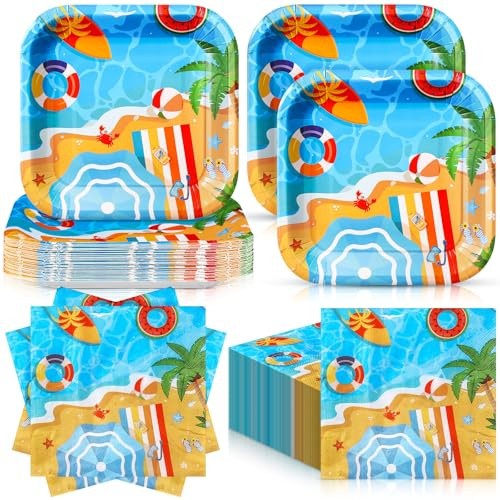 Zhehao 72 Pcs Pool Party Plates and Napkin Serve 36, 7 Square Paper Dessert Plates Pool Party Supplies Blue Summer Disposable Dinnerware Decoration for Tropical Hawaiian Birthday Holiday