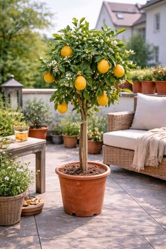 Zitronenbaum 'Zagara Bianca' – Citrus x limon, 100–140 cm – duftende weiße Blüten, essbare Zitronen, winterhart im Kübel, mediterrane Topfpflanze für Balkon & Terrasse