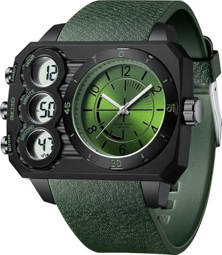 findtime Men's Big Face Watch Unique Digital Analogue Watches Dual Time Zone Sport Outdoor Cool Square Large Wristwatch Alarm Stopwatch Countdown Led Luminous Black Green