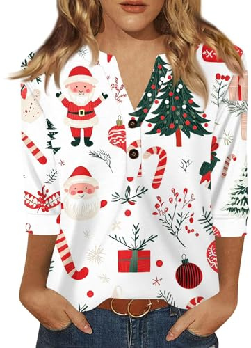 Weihnachts T-Shirt Damen T Shirt Weihnachten Womens Hot Christmas Langarm V-Kragen Langarmshirt Weihnachtspullover Frau für Katzen Weihnachtskleidung Weiß L
