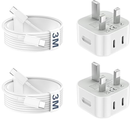 USB C Charger for iPhone 17 16 15 20W Fast Charger USB C Plug & 3M USBC Cable, 2 Pack Type C Dual Ports UK Wall Phone Charging Power Adapter Head Lead for iPhone 17/16/15 Air Plus Pro Max/iPad/Samsung