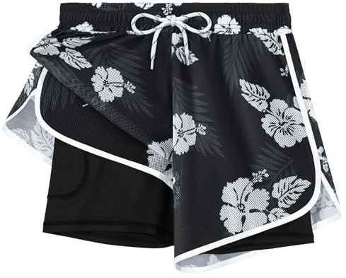 APTRO Women Swim Shorts Board Shorts with Liner Beach Surf Floral Summer Gym Shorts Mesh Flower White L