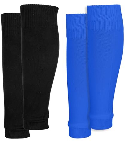 Grevosea 2 Pairs Shin Guard Sleeves, Pre Cut Soccer Sleeve Socks Football Basketball Leg Sleeves for Men Women Youth Adults (Black, Blue)