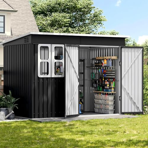 UDPATIO Trädgårdshus metall 260 x 176 x 190 cm med fönster, låsbar dörr och ventilation, cykelgarage med pulttak, verktygsskjul för utrustning, vattentät, mörkgrå