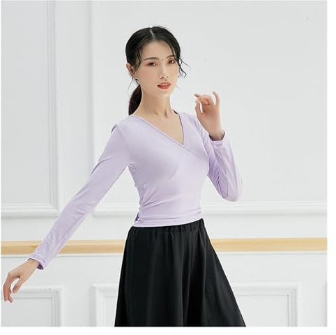 Balettcardigan dam bomull spandex långärmad topp V-hals bas solid smal passform t-shirt wrap beskuren balett dans shrug blus dansare övning, Lila, XL