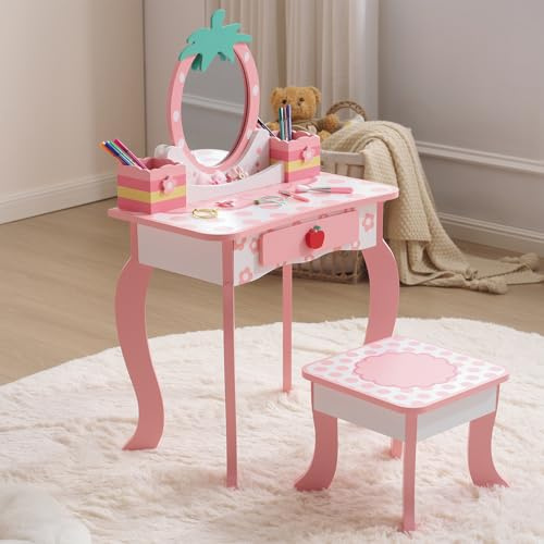 LEADZM Coiffeuse pour Enfants avec Miroir à Trois Volets, Coiffeuse Fille avec Imprimé Fruit Mignon & Tabouret, Table de Maquillage Princesse, pour 3 Ans+ (Rose)