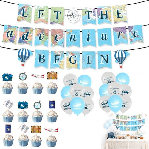 Set de Decoración para Fiesta de Jubilación y Viaje, 40 Piezas con Banderín, Decoración de Cupcakes, 16 Globos de Látex y Adornos de Vaso, Ideal para Fiestas de Despedida, Viaje y Aventura