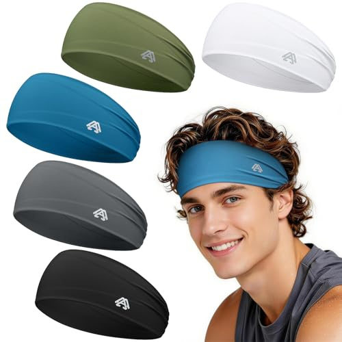 AWUMBUK Sports Headband Men - 5 Pack Headbands Elastic Sweat Bands Non-Slip Head Band for Running, Football, Gym, Hiking, Workout, Tennis, Hairband Men & Women - Black