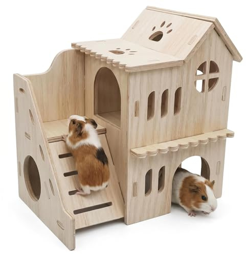 RARITYLL Wooden Hamster Hideout with Lid - Multi Chamber House, Platform & Hide for Syrian Dwarf Hamsters, Mice, Gerbils Small Pets, Natural Enrichment Toys for Small Rodents, Chew Proof Maze Tunnels