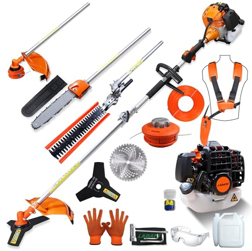 LADAMI Desbrozadora de gasolina de 52 cc de 2 tiempos, 5 en 1, multiherramienta para jardín, cortasetos, podadora, motosierra, 3 ps refrigerado por aire, potente y ahorro de combustible