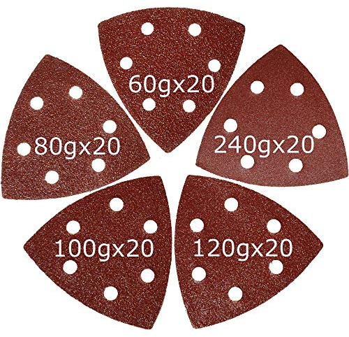 XXGO 3-1/2 Inch 90mm Triangular 60/80 /100/120 /240 Grits Hook & Loop Multitool Sandpaper for Wood Sanding Contains 20 of Each Fit 3.5 Inch Oscillating Multi Tool Sanding Pad Pack of 100 XG9010U