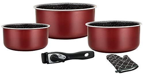 Herzberg - Batterie de cuisine - Set de casseroles induction 5 pièces - Casseroles et poêle tous feux en aluminium forgé avec revêtement marbre et poignée amovible - Bordeaux