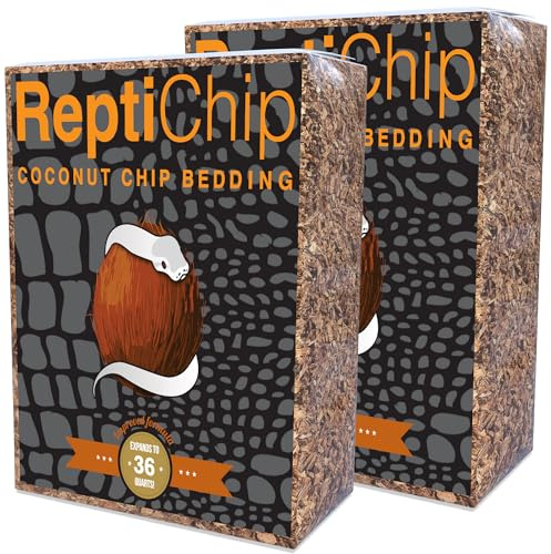 ReptiChip Reptilsängkläder lösa kokosnötspån 36 kvart 2-pack kokosskal substrat mulch för ormlivsmiljöer, boll pyton terrarium, sköldpaddstankar, sköldpaddshölje