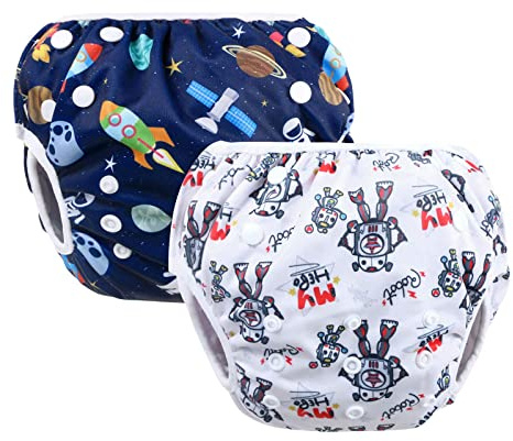 Vicloon Reusable Swimming Nappy, 2 Packs Baby Swim Comfortable Adjustable Size Washable for Swimming Lessons/Holiday 0-3 Years Old (Universe/Robot)