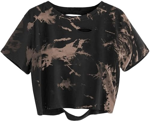 Avanova Women Distressed Loose Crop Top Oversized Short Sleeve Ripped Tee Shirt Tie Dye Brown Large