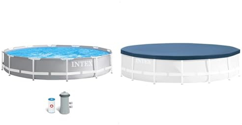 Intex 26712NP - Piscina Desmontable Redonda INTEX Prism Frame con depuradora & 28031 - Cobertor para Piscinas Desmontables Metal y Prism Frame 366 cm, Color Azul Marino
