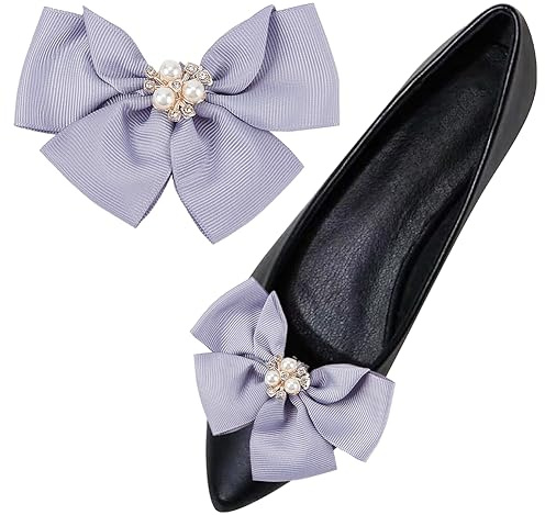 GORGECRAFT 2 pz Decorazione Scarpe Bowknot Fiocco di Perle Clip per Scarpe Scarpe Staccate Fibbia Nastro Lilla Poliestere Clip Gioielli Accessori per Scarpe per La Festa di Nozze